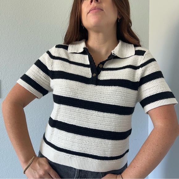 Universal Thread Striped Black and White Striped Crochet Knit Top XS - Picture 1 of 5